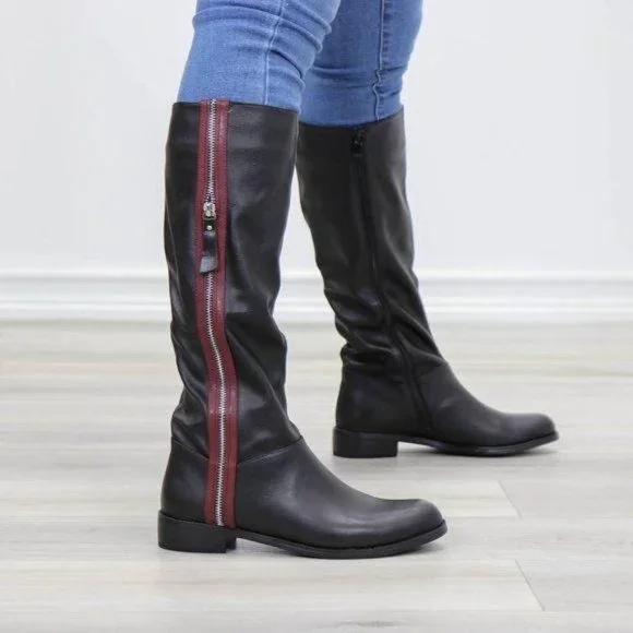 Black Below Knee Rider Boots Light Faux Fur Inside - Picture 12 of 12